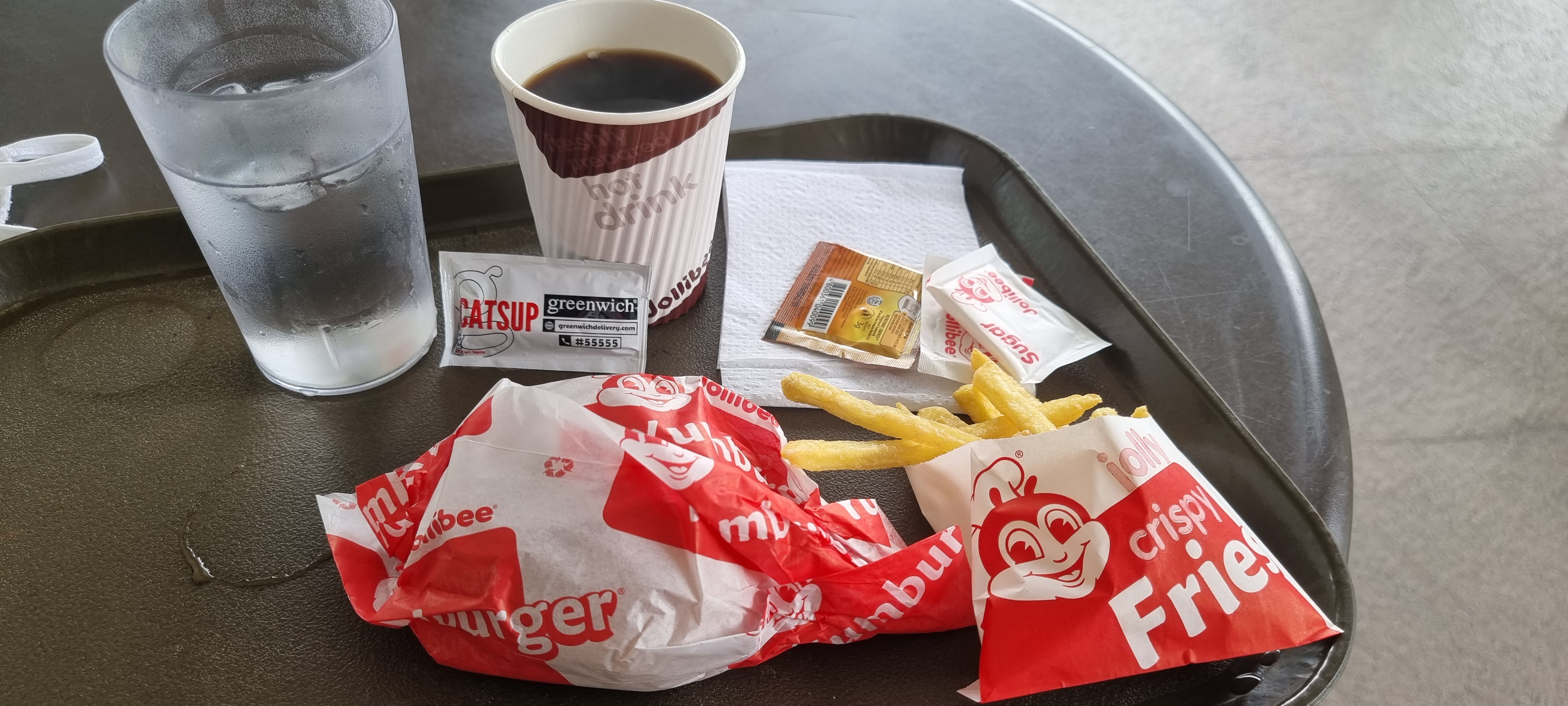 Yumburger, fries, and hot coffee