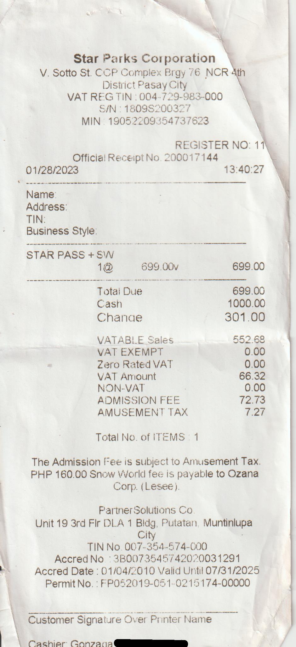 Star City receipt