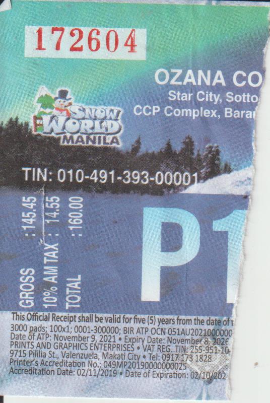 Snow World ticket after consumption