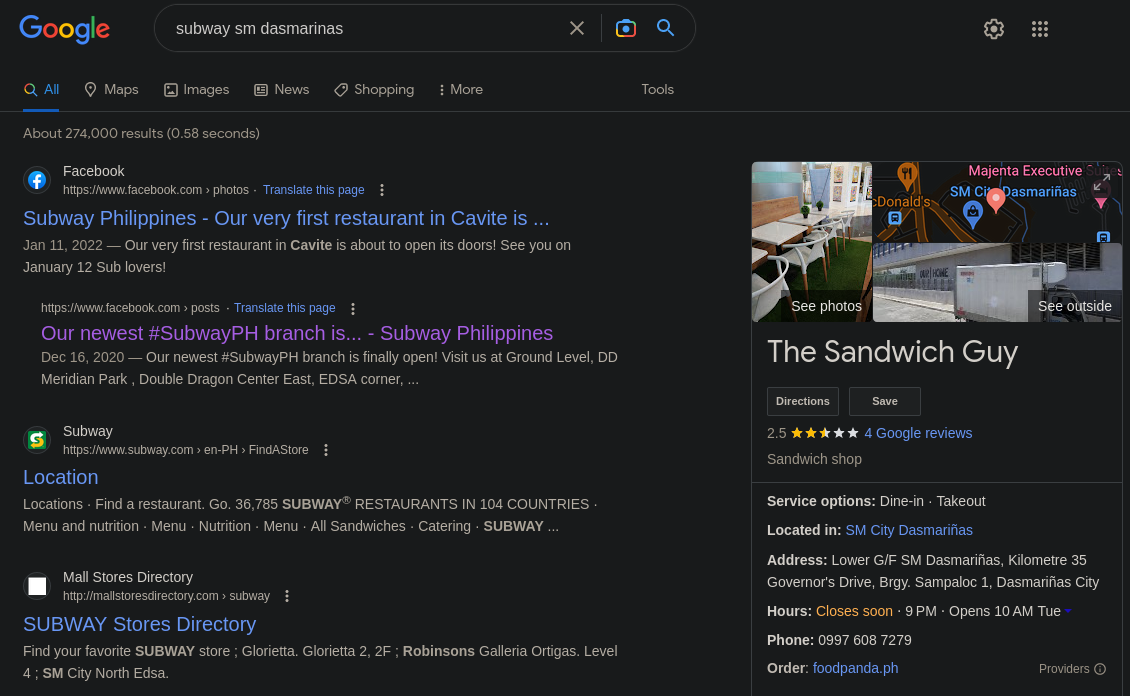 Google search results for "subway sm dasmarinas"